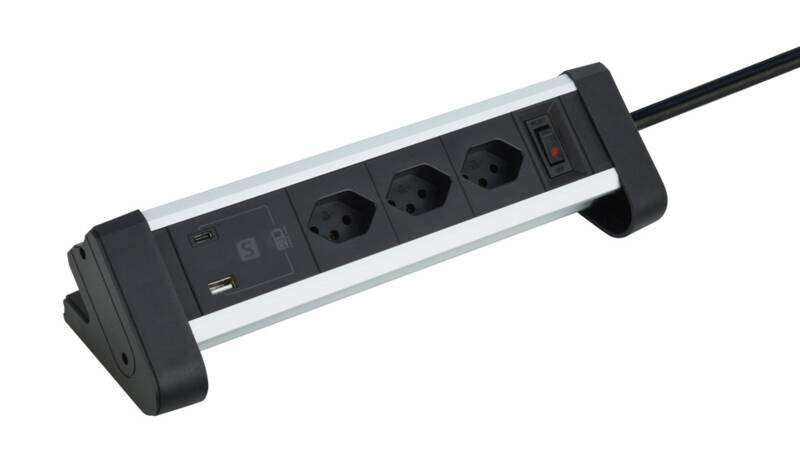 Alu Tisch-Steckleiste 3XT13 quer, 1xUSB-A/1xUSB-C PD 20W
