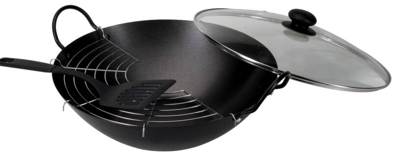 Wok, Stahl, Ø 35 cm, mit 2 Griffen, Glasdeckel