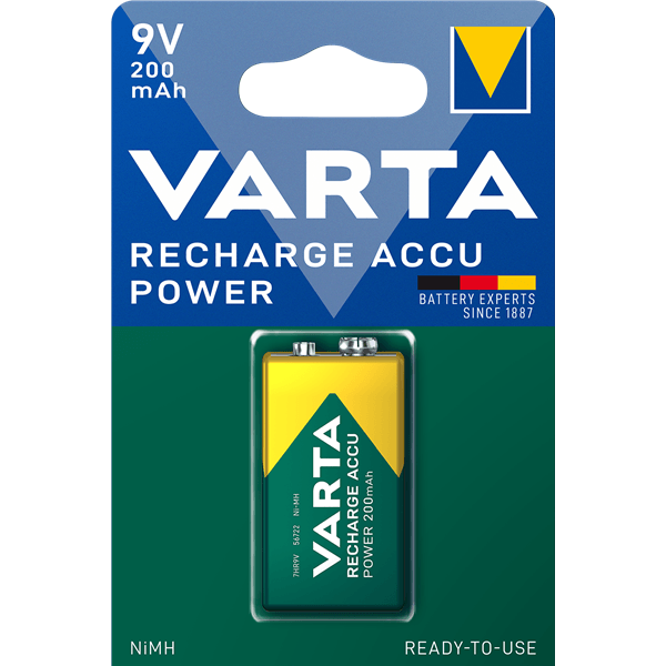 Wiederaufladbarer Ni-MH-Batterie E-Block | 9 V DC | 200 mAh | vorgeladen | 1-Blister | 6HR61 | Gelb / Grün - handy.ch