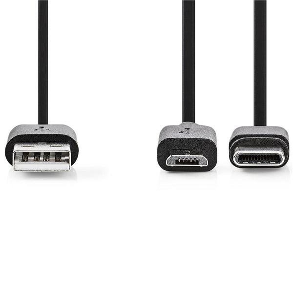 2 in 1-Kabel | USB 2.0 | USB-A Stecker | USB Micro-B Stecker / USB-C Stecker | 480 Mbps | 1.00 m | Vernickelt | Rund | PVC | Schwarz | Blister - handy.ch