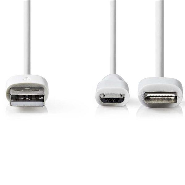 2 in 1-Kabel | USB 2.0 | USB-A Stecker | Apple Lightning 8-Pin / USB Micro-B Stecker | 480 Mbps | 1.00 m | Vernickelt | Rund | PVC | Weiss | Plastikbeutel - handy.ch