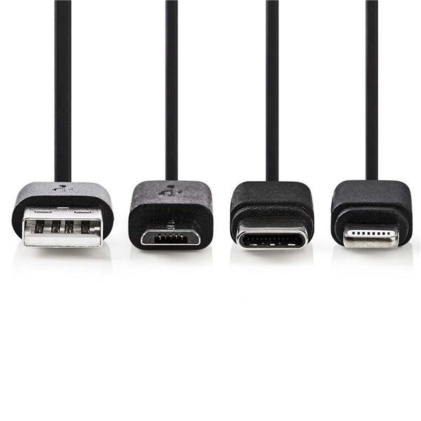 3 in 1-Kabel | USB 2.0 | USB-A Stecker | Apple Lightning 8-Pin / USB Micro-B Stecker / USB-C Stecker | 480 Mbps | 1.00 m | Vernickelt | Rund | PVC | Schwarz | Plastikbeutel - handy.ch