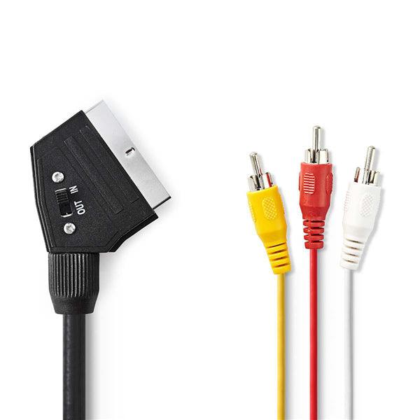 SCART-Kabel | SCART Stecker | 3x Cinch-Stecker | Vernickelt | Schaltbar | 480p | 2.00 m | Rund | PVC | Schwarz | Plastikbeutel - handy.ch
