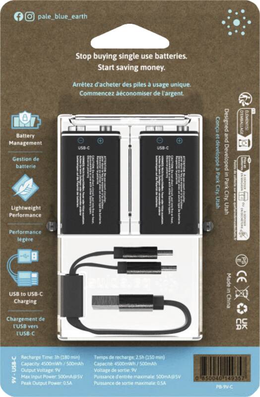 Battery 9V USB-C2pcs