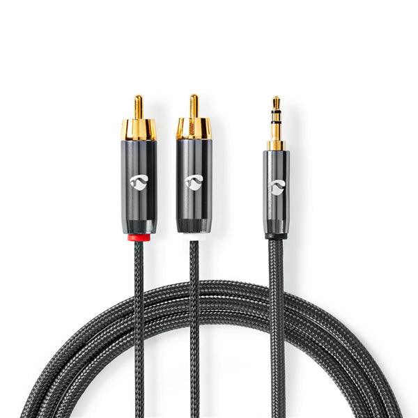 Stereo-Audiokabel | 3.5 mm Stecker | 2x RCA Stecker | Vergoldet | 1.00 m | Rund | Grau / Gun Metal Grau | Verpackung mit Sichtfenster - handy.ch