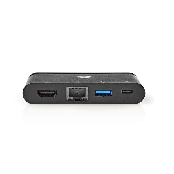 USB Multi-Port-Adapter | USB 3.2 Gen 1 | USB-C Stecker | HDMI Buchse / RJ45 Buchse / USB-A Buchse / USB-C Buchse | Rund | Vernickelt | Schwarz | Box - handy.ch